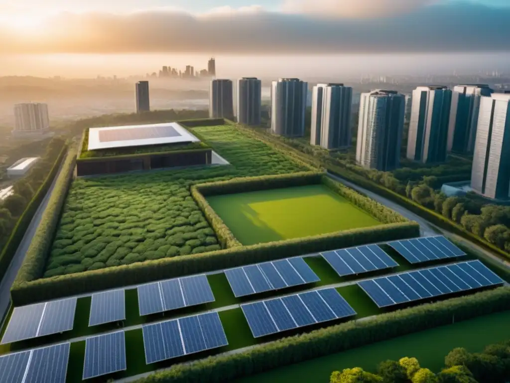 Horizonte sostenible: arquitectura verde en la ciudad al atardecer Un paisaje urbano moderno con edificaciones verdes y tecnología sostenible, iluminado por el sol poniente