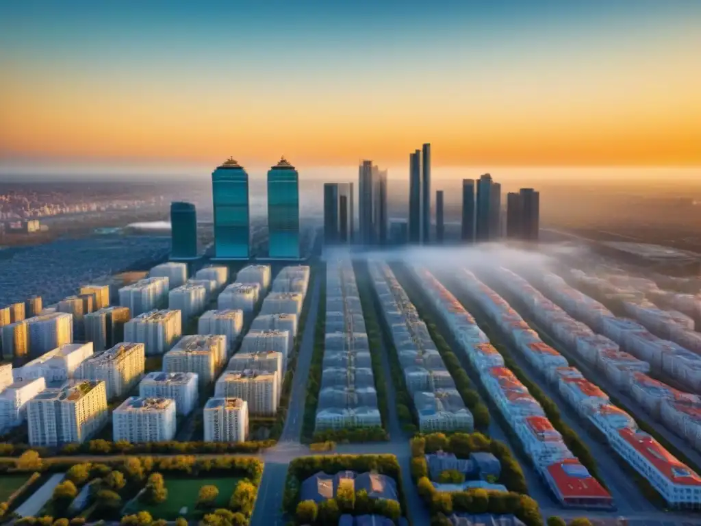 Panorama urbano: arquitectura moderna en alta resolución Un paisaje urbano moderno con edificios de diseño único refleja el financiamiento vivienda asequible internacional