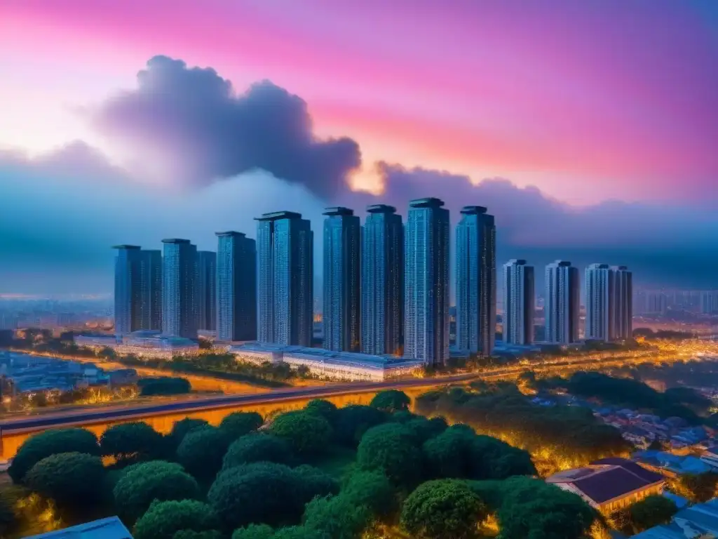 Espectacular atardecer en la ciudad: arquitectura moderna y energía urbana Un paisaje urbano moderno al anochecer con edificios residenciales de diseño innovador, bajo un vibrante cielo al atardecer