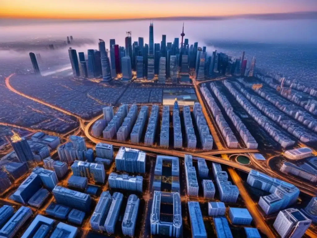 Metrópolis moderna: alianzas estratégicas en bienes raíces Un paisaje urbano moderno con rascacielos en la puesta de sol, simbolizando alianzas estratégicas en marketing inmobiliario