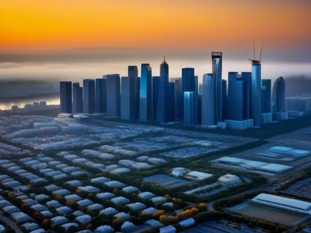 Espectacular ciudad moderna al atardecer: mercado inmobiliario próspero Un paisaje urbano moderno con rascacielos reflejando los tonos dorados del atardecer, simbolizando un próspero mercado inmobiliario en uno de los mejores países con protecciones legales para inversores