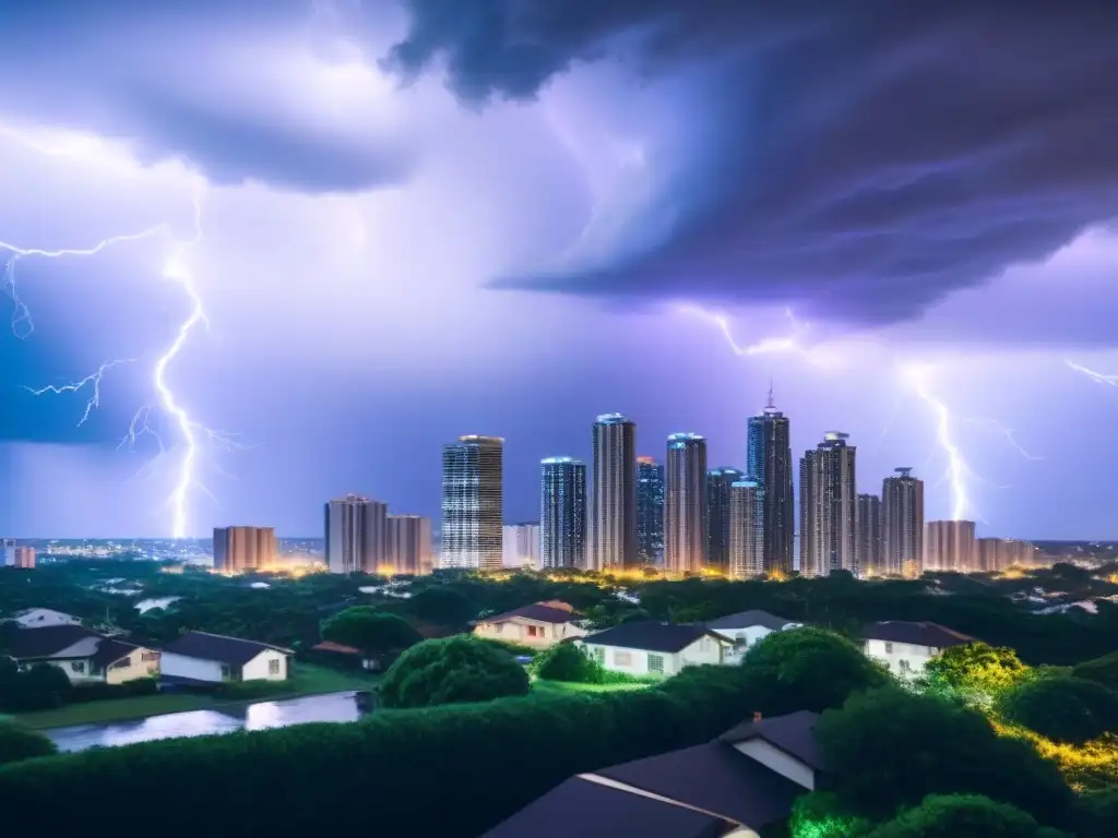 Resiliencia urbana: protegiendo hogares ante desastres naturales Un paisaje urbano moderno con rascacielos elegantes bajo nubes de tormenta, protegiendo hogares con Seguro de propiedades ante desastres