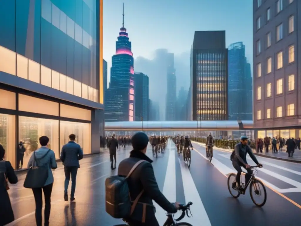 Metrópolis moderna al atardecer: Futurismo urbano y transporte eficiente Un paisaje urbano moderno al anochecer con rascacielos futuristas, espacios verdes y un eficiente sistema de transporte público