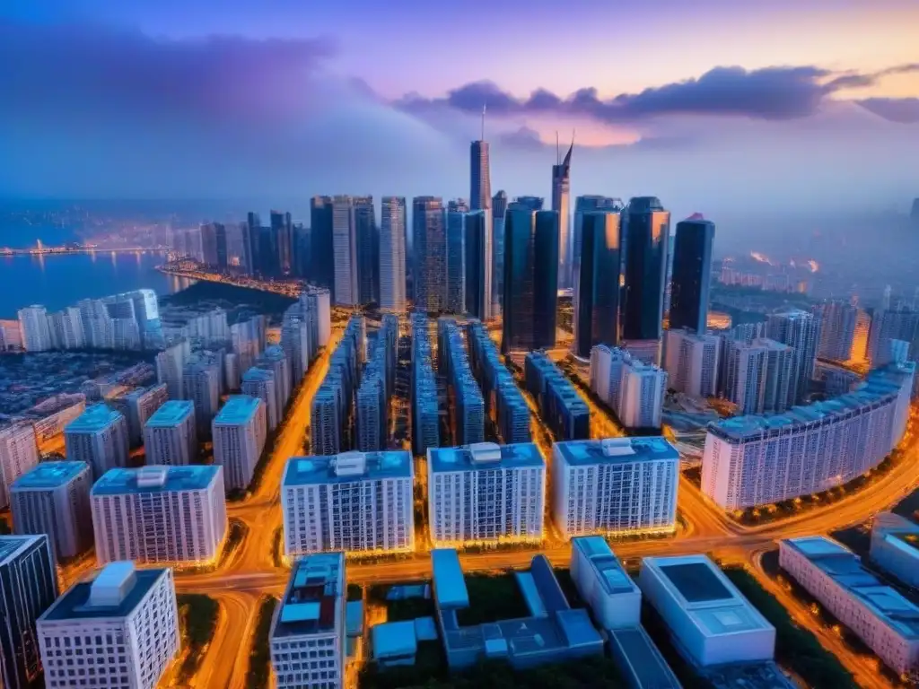 Horizonte urbano al atardecer: arquitectura moderna en luces de ciudad Fotografía de un paisaje urbano moderno con rascacielos iluminados por la noche