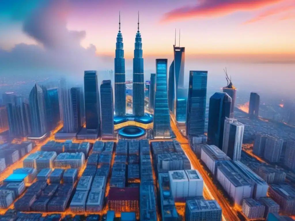 Metropolis digital: mercado inmobiliario del futuro Un paisaje urbano moderno con rascacielos y una interfaz futurista de marketing digital, reflejando estrategias en el mercado inmobiliario