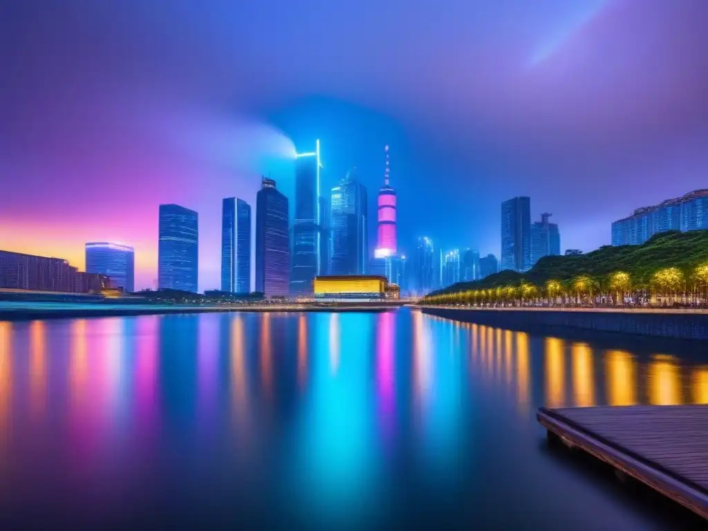 Horizonte urbano futurista: luces neón y poder financiero Un paisaje urbano moderno al anochecer, con rascacielos iluminados y luces de neón vibrantes reflejadas en un río tranquilo