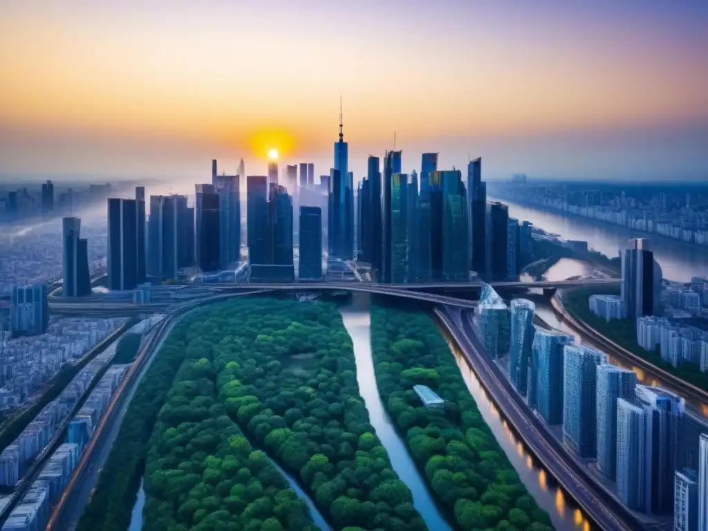 Metrópolis futurista: auge inmobiliario en atardecer dorado Un paisaje urbano moderno con rascacielos y edificios futuristas interconectados por autopistas, bañados por la luz dorada del atardecer