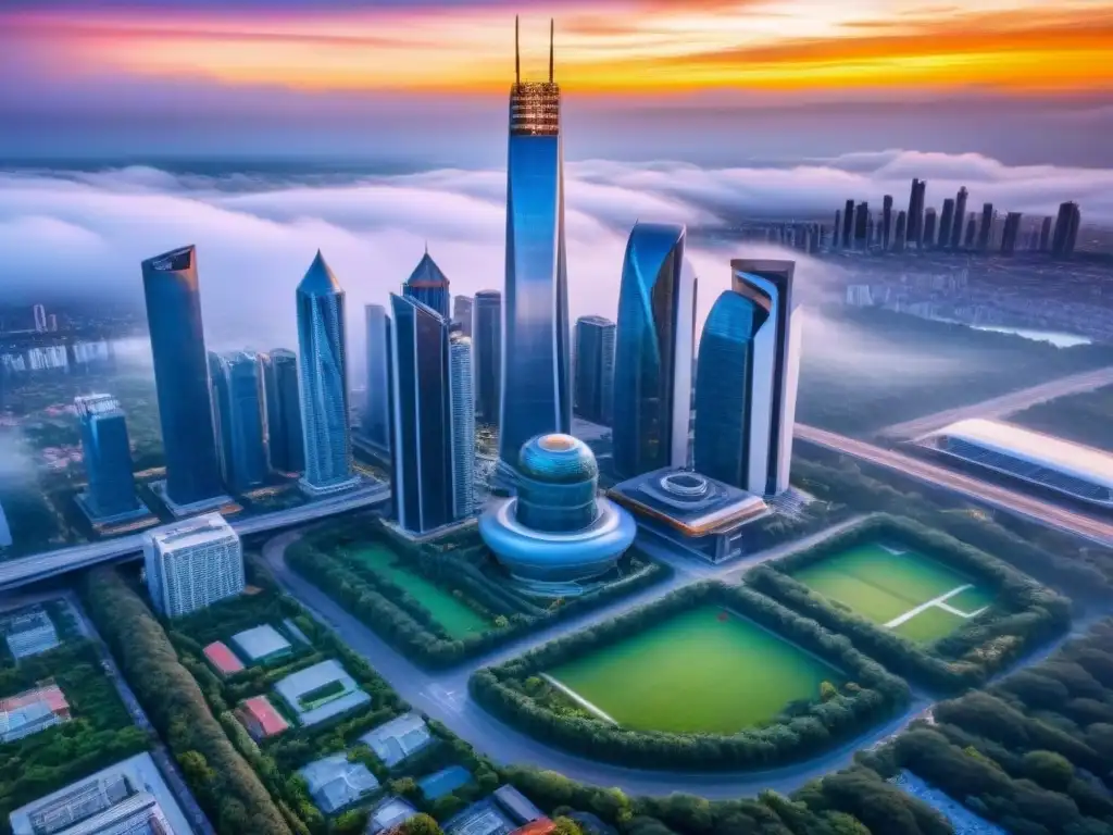 Horizonte urbano futurista: rascacielos y tecnología en Gen Z Un paisaje urbano moderno con rascacielos futuristas rodeados de vegetación, bajo un cielo vibrante al atardecer