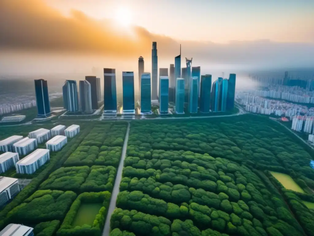 Contraste urbano-natural: Inversiones inmobiliarias en entornos dinámicos Un paisaje urbano moderno rodeado de vegetación exuberante, ideal para inversores inmobiliarios internacionales en zonas de alto riesgo