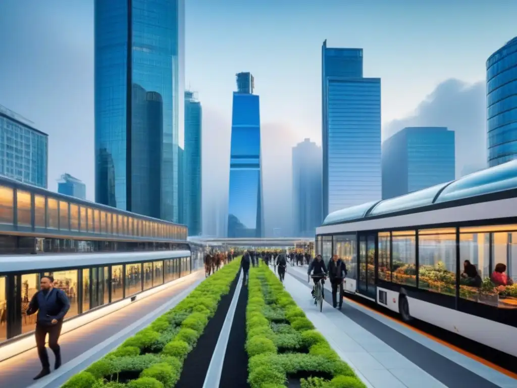 Cityscape sostenible: modernidad verde y vibrante Un paisaje urbano moderno sostenible con edificios verdes y energía renovable