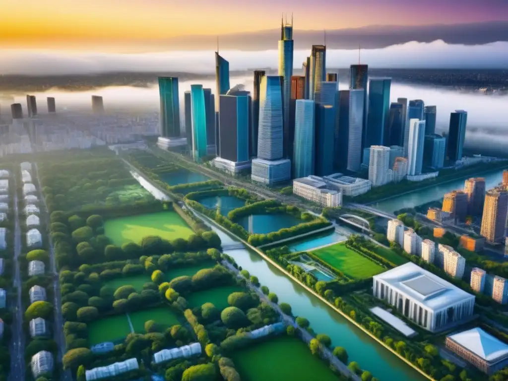 Vista aérea impactante de una ciudad moderna en pleno auge inmobiliario Un paisaje urbano moderno y vibrante, lleno de rascacielos y espacios verdes