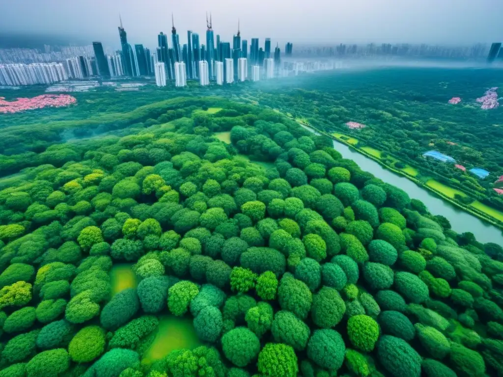 Armonía urbana: Ciudad moderna con espacios verdes integrados Un paisaje urbano moderno con zonas verdes integradas, resaltando beneficios en valor inmobiliario