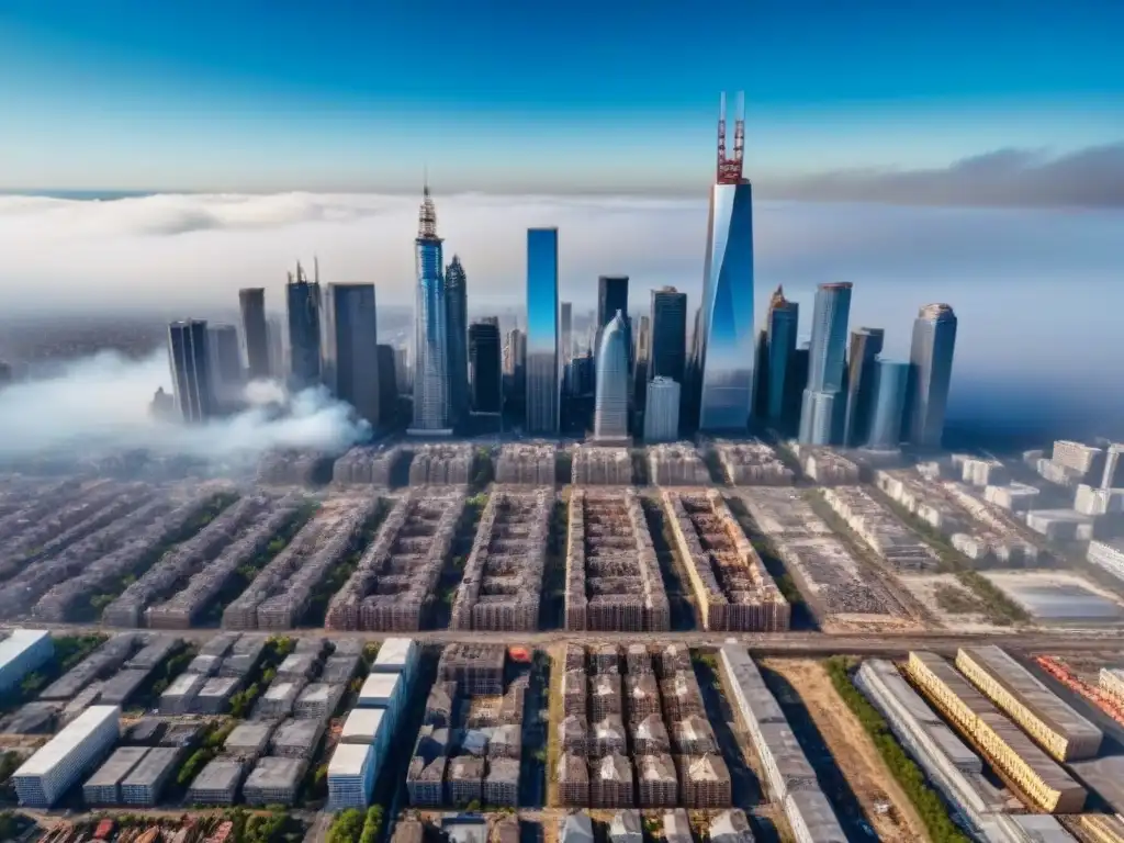 Reconstrucción urbana: resiliencia y progreso tras desastre Un paisaje urbano que resurge, con modernos rascacielos y edificios históricos revitalizados tras un desastre