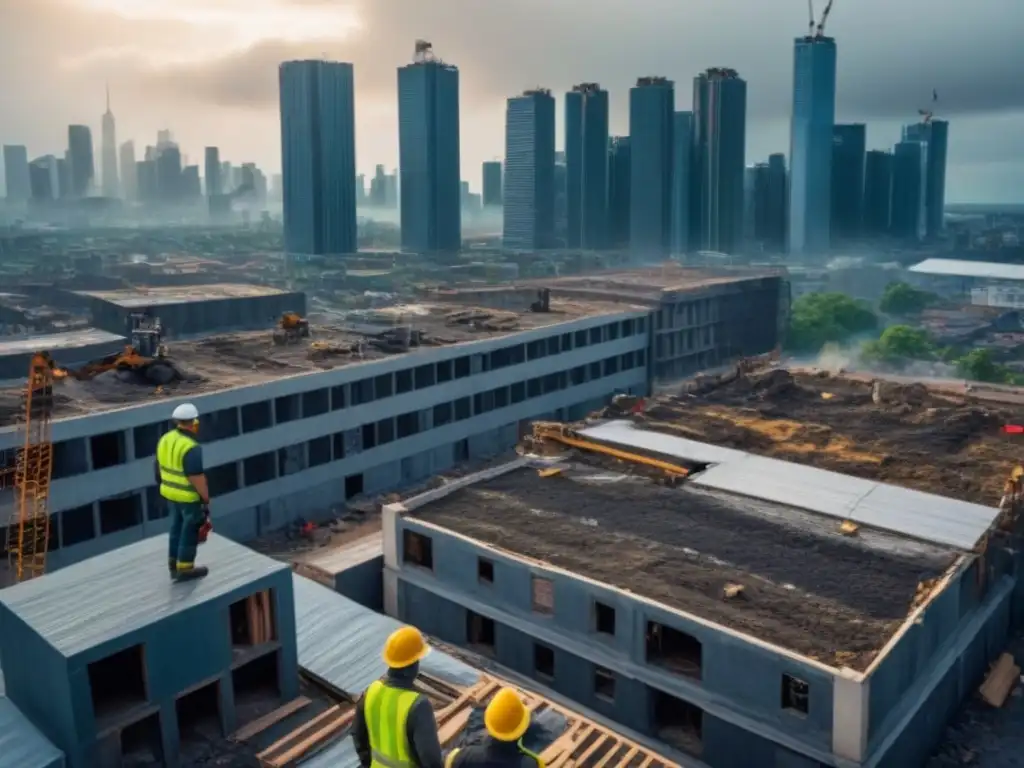 Reconstrucción urbana tras desastre: skyline en contraste Un paisaje urbano postdesastre natural con normativas reconstrucción propiedades, mostrando la reconstrucción y la resiliencia de la ciudad