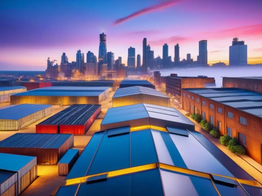 Renovación urbana en ciudad postindustrial al atardecer Un paisaje urbano postindustrial al atardecer con rascacielos modernos y fábricas abandonadas, simbolizando la revitalización de la ciudad