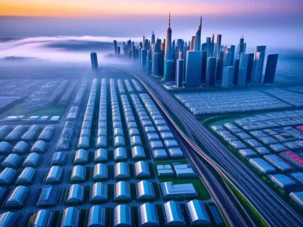 Metrópolis futurista: innovación urbana y diversidad en acción Un paisaje urbano postindustrial futurista: rascacielos, espacios verdes sostenibles, transporte avanzado y diversidad urbana