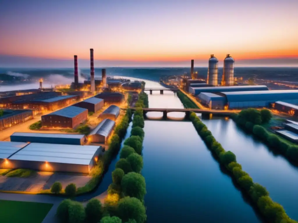 Metrópolis postindustrial: transformación urbana al anochecer Un paisaje urbano postindustrial vibrante con edificios altos y áreas verdes