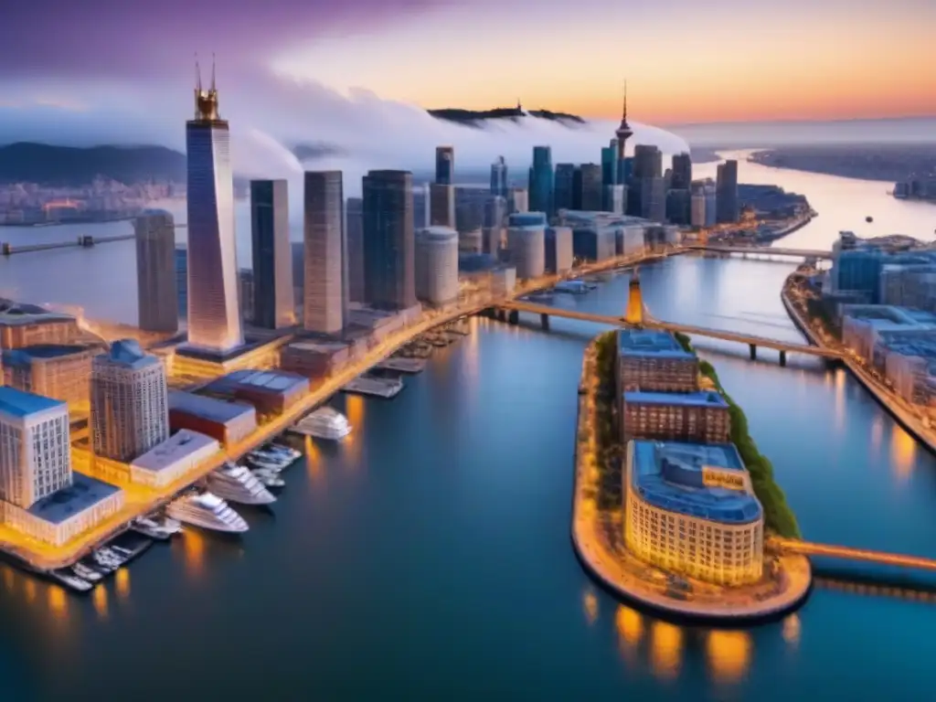 Metrópolis vibrante: fusión de historia y modernidad al anochecer Un paisaje urbano postindustrial vibrante de El Dorado inmobiliario ciudades postindustriales al anochecer
