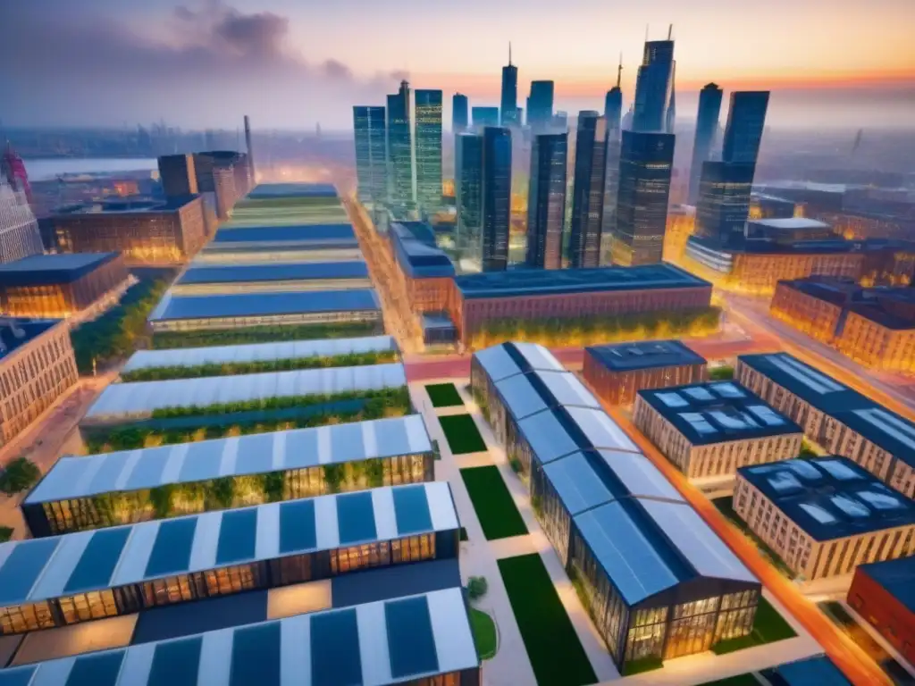 Renovación urbana: ciudad postindustrial en pleno auge Un paisaje urbano postindustrial vibrante con rascacielos futuristas y edificios históricos renovados, reflejando la regeneración urbana y las inversiones inmobiliarias en ciudades postindustriales
