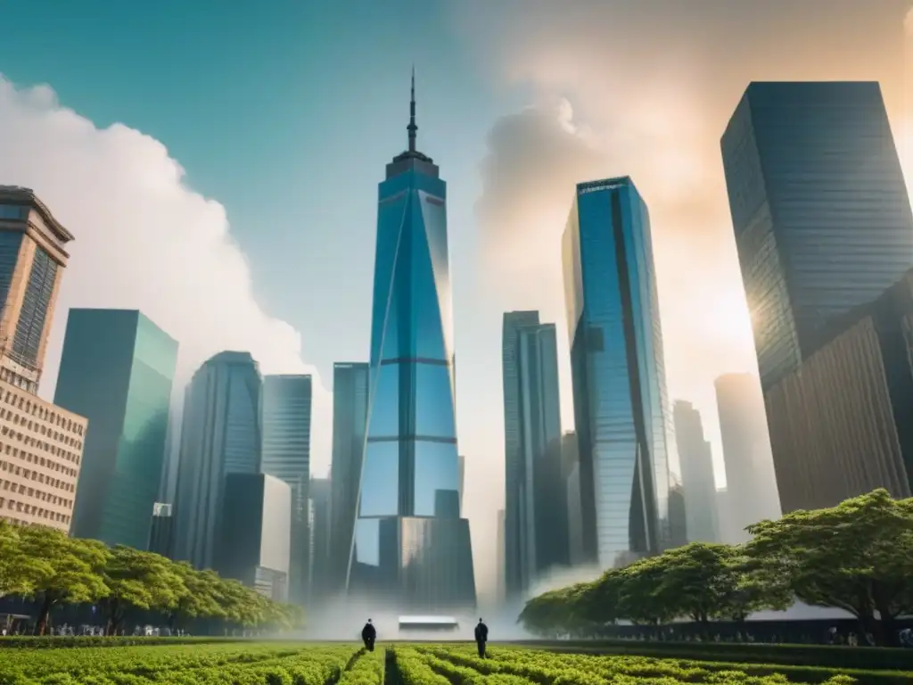 Metrópolis moderna: luces doradas y oportunidades en la ciudad Un paisaje urbano con rascacielos y gente de negocios, reflejando progreso y oportunidad para inversor inmobiliario en crisis