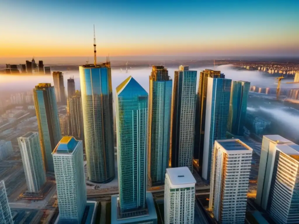 Metrópolis postmerger: fusiones que transforman el horizonte urbano Un paisaje urbano postfusión con rascacielos modernos, edificios de lujo y sitios de construcción, reflejando la dinámica del mercado inmobiliario