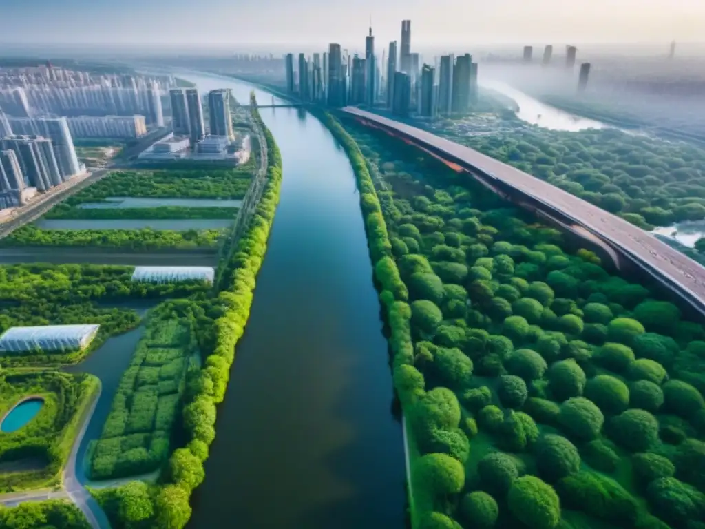 Metrópolis moderna: armonía urbana y natural Paisaje urbano con rascacielos modernos y áreas verdes, reflejando desarrollo mercados inmobiliarios emergentes