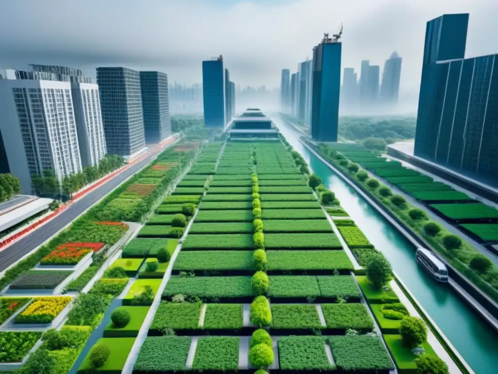 Metrópolis sostenible: arquitectura verde y naturaleza en perfecta armonía Un paisaje urbano sostenible y armonioso con edificios verdes integrados en áreas metropolitanas