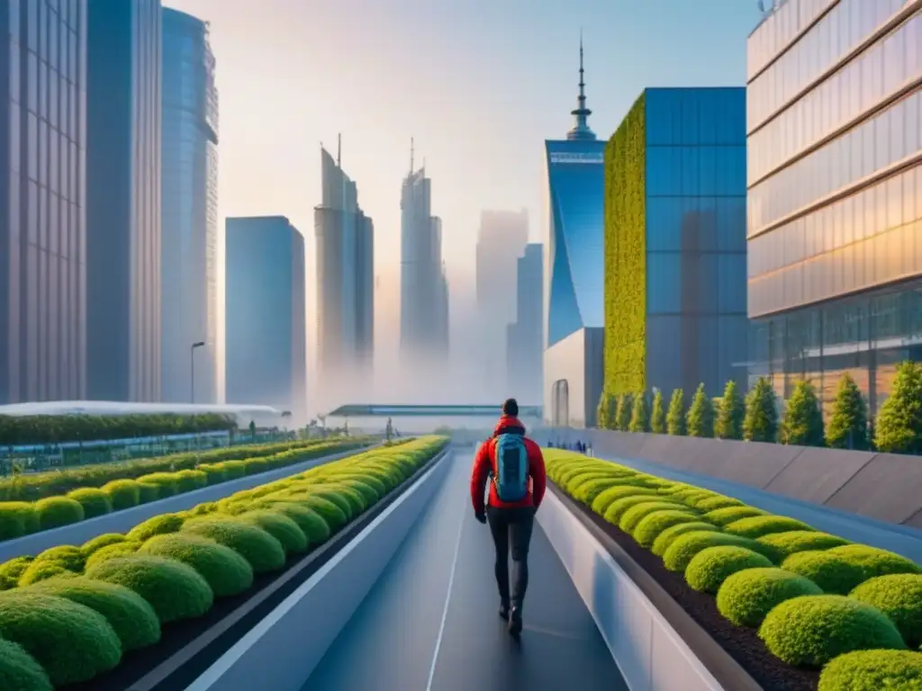 Horizonte urbano sostenible y futurista al amanecer Paisaje urbano sostenible al amanecer con edificios futuristas integrando espacios verdes, energías renovables y coexistencia armoniosa