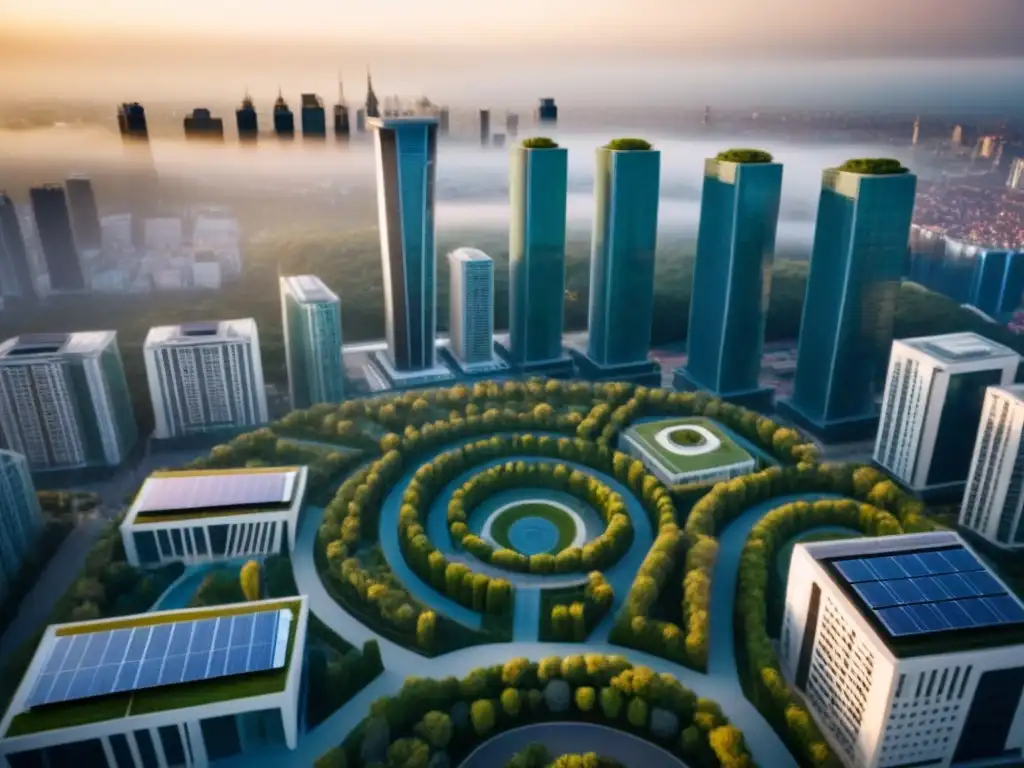 Cityscape ecoamigable: arquitectura y naturaleza en armonía Un paisaje urbano sostenible con edificios verdes, paneles solares y jardines en la azotea, destacando estrategias inmobiliarias sostenibles