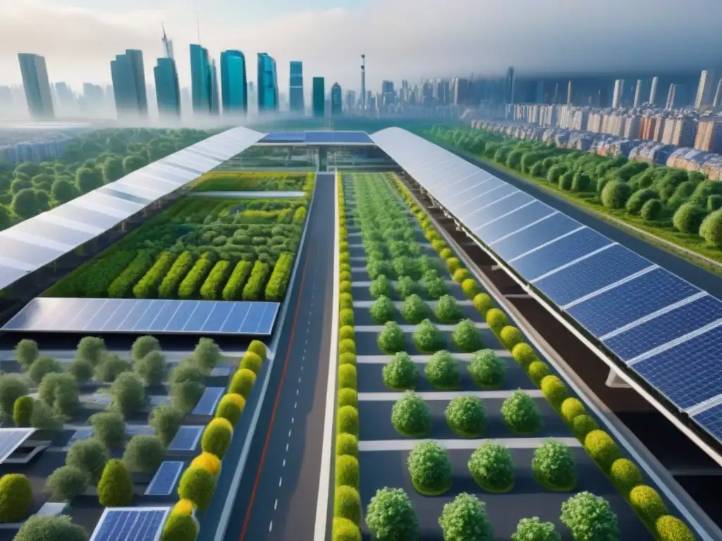 Visión futurista: ciudad sostenible con naturaleza y tecnología Un paisaje urbano sostenible para inversionistas globales, con energía verde y armonía natural