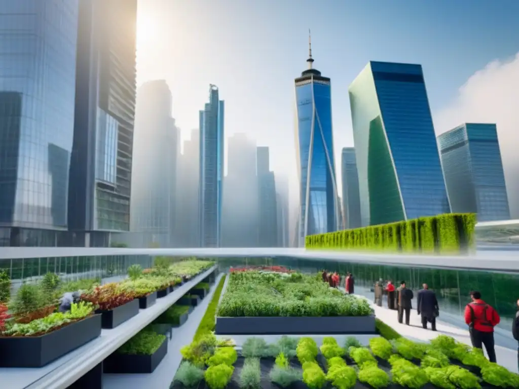 Desarrollo sostenible en mercados emergentes: ciudad futurista y verde Un paisaje urbano sostenible en mercados emergentes con edificios verdes y profesionales diversificados