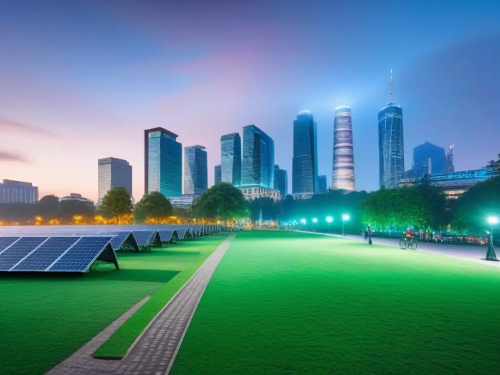 Horizonte sostenible: ciudad moderna y verde al atardecer Un paisaje urbano sostenible al anochecer, con modernos rascacielos iluminados y un parque lleno de personas disfrutando actividades ecoamigables