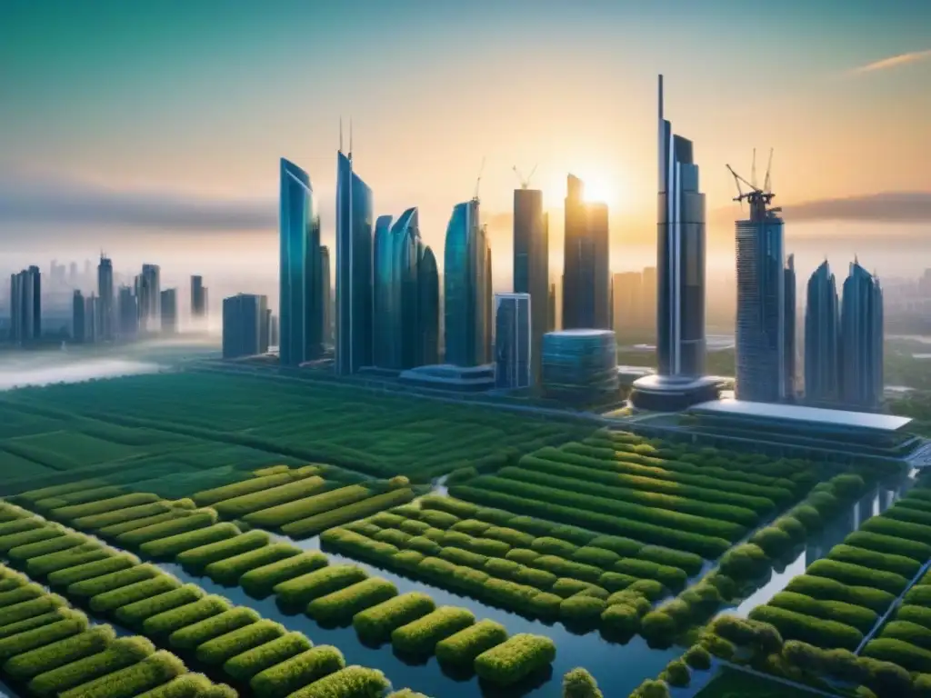 Metrópolis sostenible: armonía entre naturaleza y tecnología Un paisaje urbano sostenible de rascacielos modernos en armonía con la naturaleza al atardecer