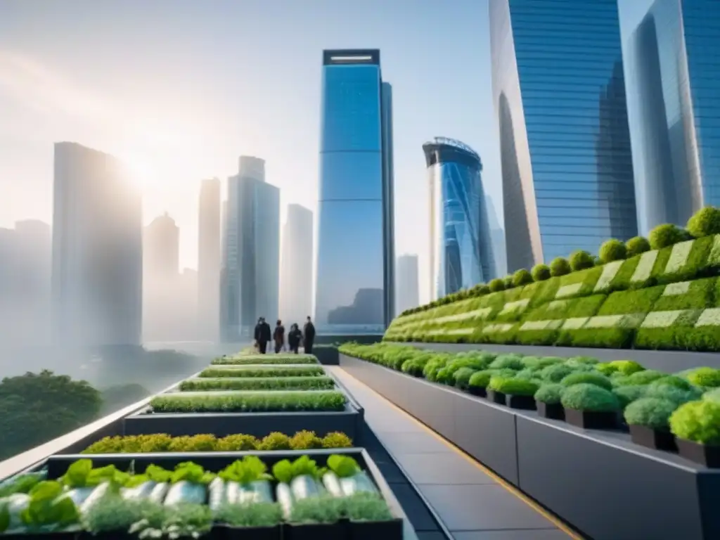 Metrópolis sostenible: innovación en arquitectura verde Un paisaje urbano sostenible con rascacielos modernos y jardines en azoteas