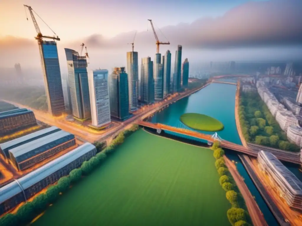 Metrópolis vibrante: evolución urbana entre historia y modernidad Un paisaje urbano vibrante con arquitectura histórica y moderna, cranes de construcción y espacios verdes