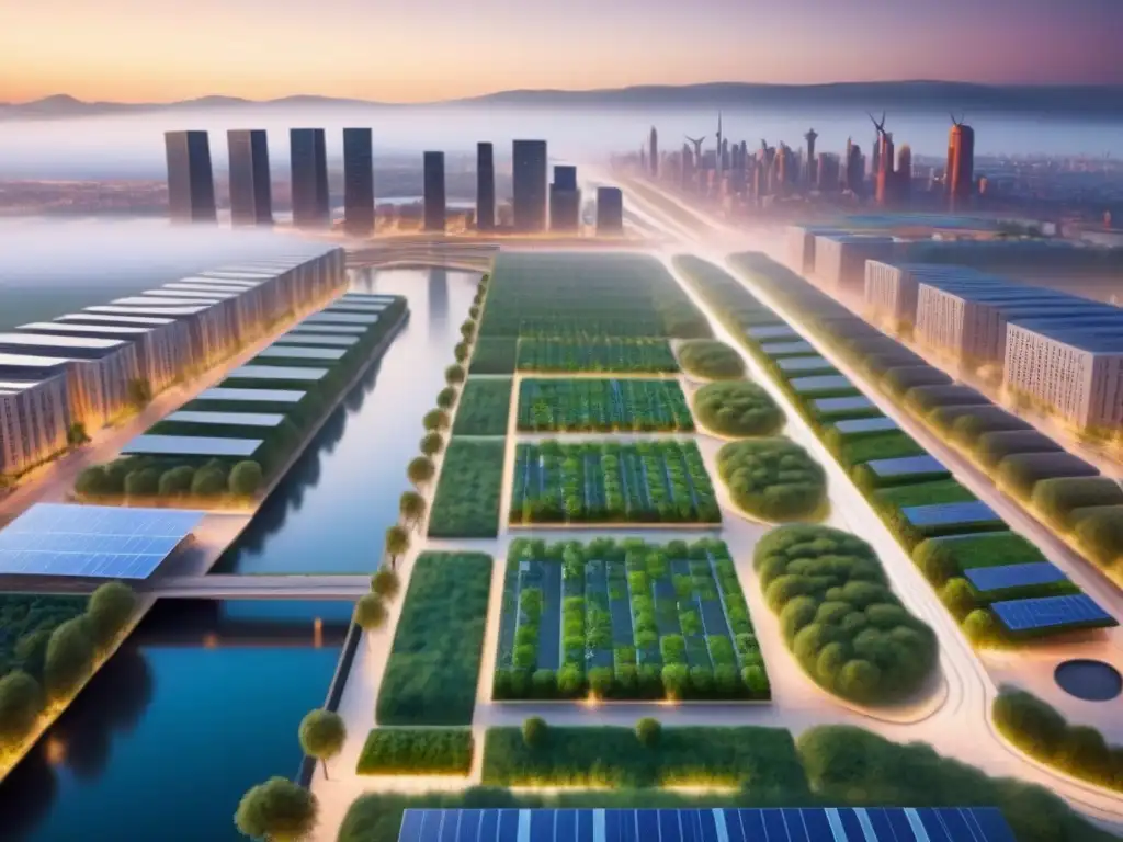 Metrópolis sostenible: armonía entre naturaleza y modernidad Un paisaje urbano vibrante al atardecer con elementos de desarrollo sostenible y planificación urbana participativa