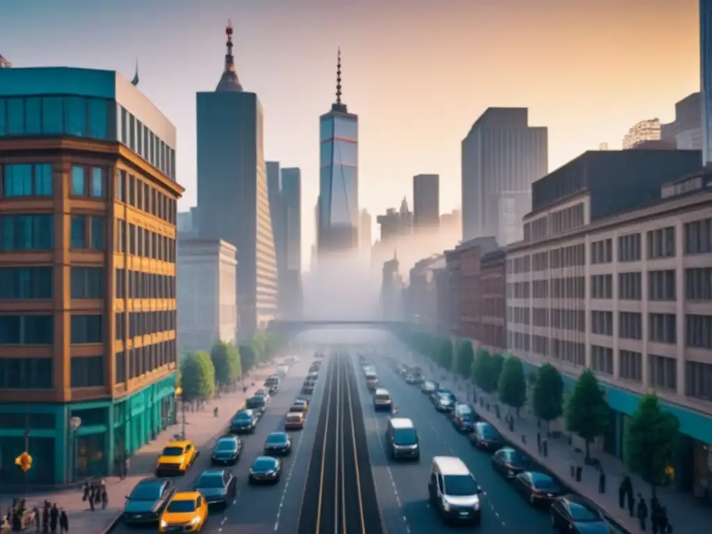 Horizonte urbano en atardecer: fusión de historia y modernidad Un paisaje urbano vibrante al atardecer en una ciudad postindustrial, mostrando una mezcla de arquitectura histórica y moderna