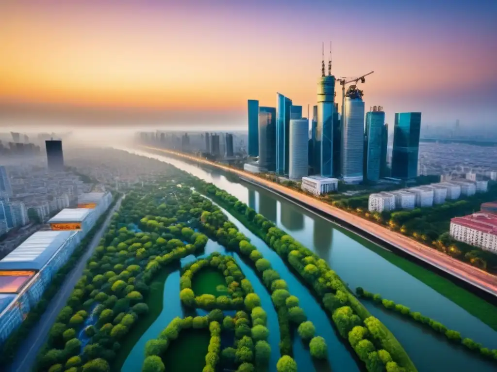 Metrópolis en armonía: atardecer urbano entre rascacielos y naturaleza Un paisaje urbano vibrante al atardecer, reflejando modernos rascacielos y una mezcla de personas