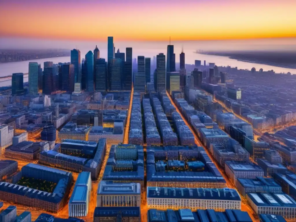 Metrópolis al atardecer: skyline moderno y diversidad urbana Un paisaje urbano vibrante al atardecer con impacto de cambios demográficos en precios inmobiliarios