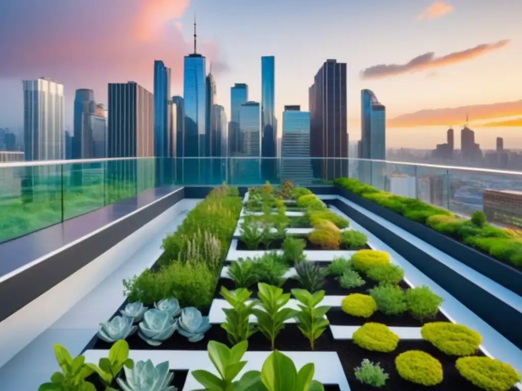 Jardines urbanos en azoteas: armonía natural en la ciudad Un paisaje urbano vibrante con beneficios techos verdes urbanos en modernos rascacielos, integrando naturaleza y eficiencia energética