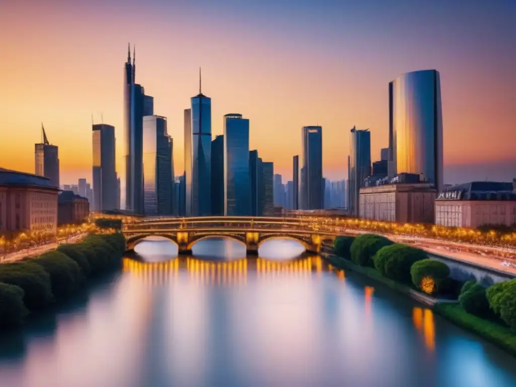 Skyline moderno: cielo dorado sobre río y puentes iluminados Un paisaje urbano vibrante y bullicioso al atardecer, con rascacielos elegantes y puentes iluminados sobre un río