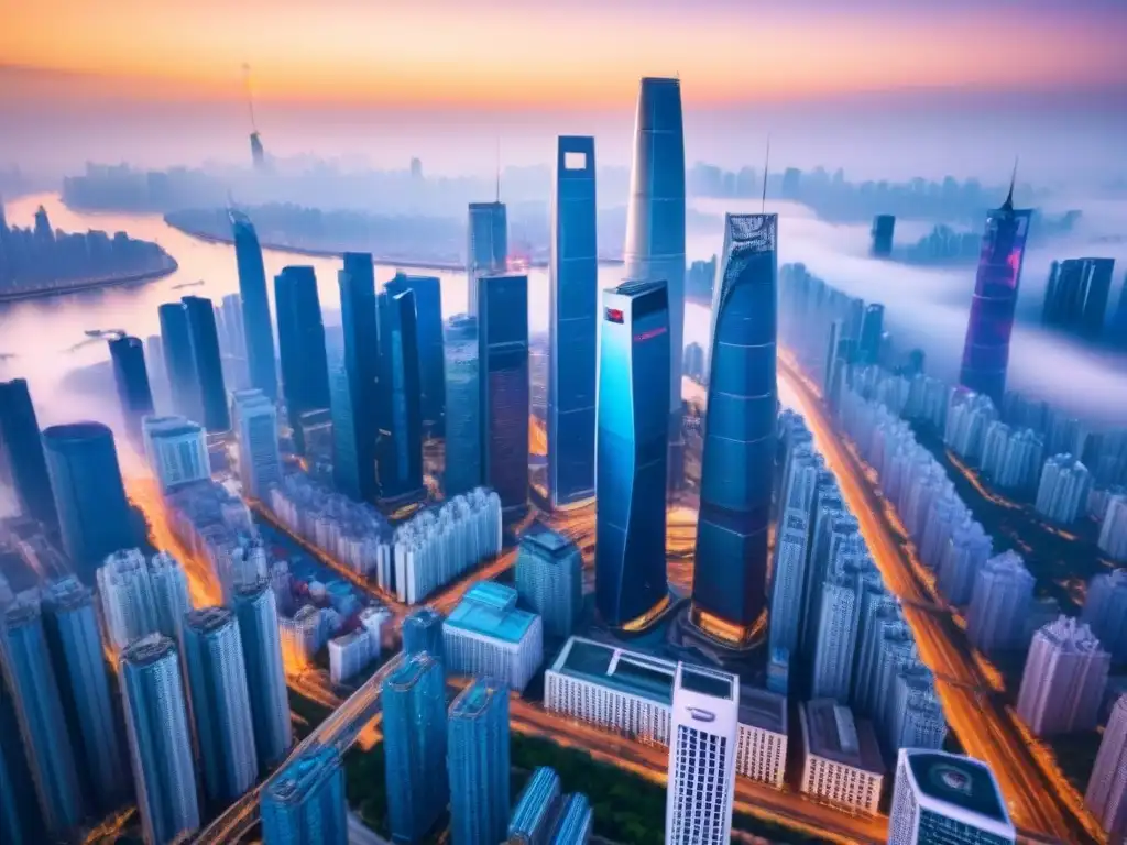 Metrópolis china: rascacielos y carteles inmobiliarios Un paisaje urbano vibrante en China, con rascacielos y vallas publicitarias digitales mostrando propiedades inmobiliarias