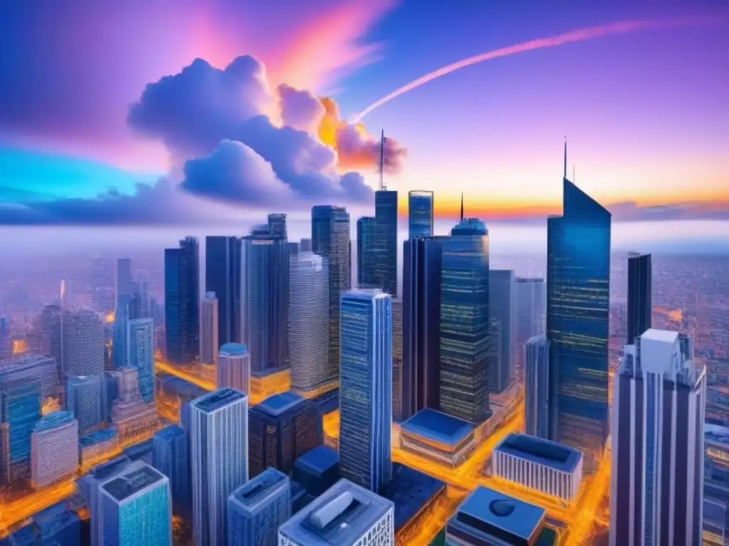 Skyline digital con redes sociales y hashtags Un paisaje urbano vibrante y detallado con rascacielos modernos representando plataformas de redes sociales