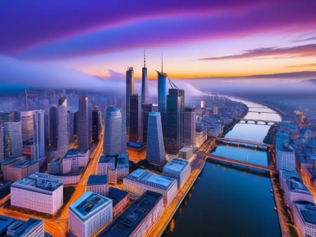 Metrópolis vibrante al atardecer: luces, ríos y arquitectura Un paisaje urbano vibrante en El Dorado inmobiliario ciudades postindustriales