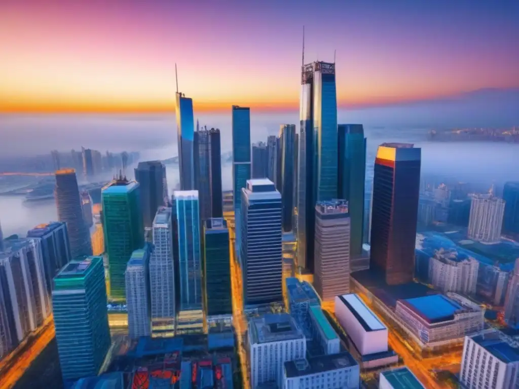 Cityscape vibrante: oportunidades de inversión en economías emergentes Un paisaje urbano vibrante en una economía emergente, fusionando rascacielos modernos con puestos de mercado tradicionales