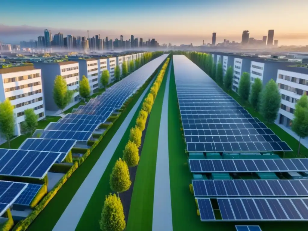 Vibrante ciudad sostenible: modernos edificios, parques verdes y diversidad urbana Un paisaje urbano vibrante con edificios modernos y paneles solares en los techos, rodeado de parques verdes y ciclovías