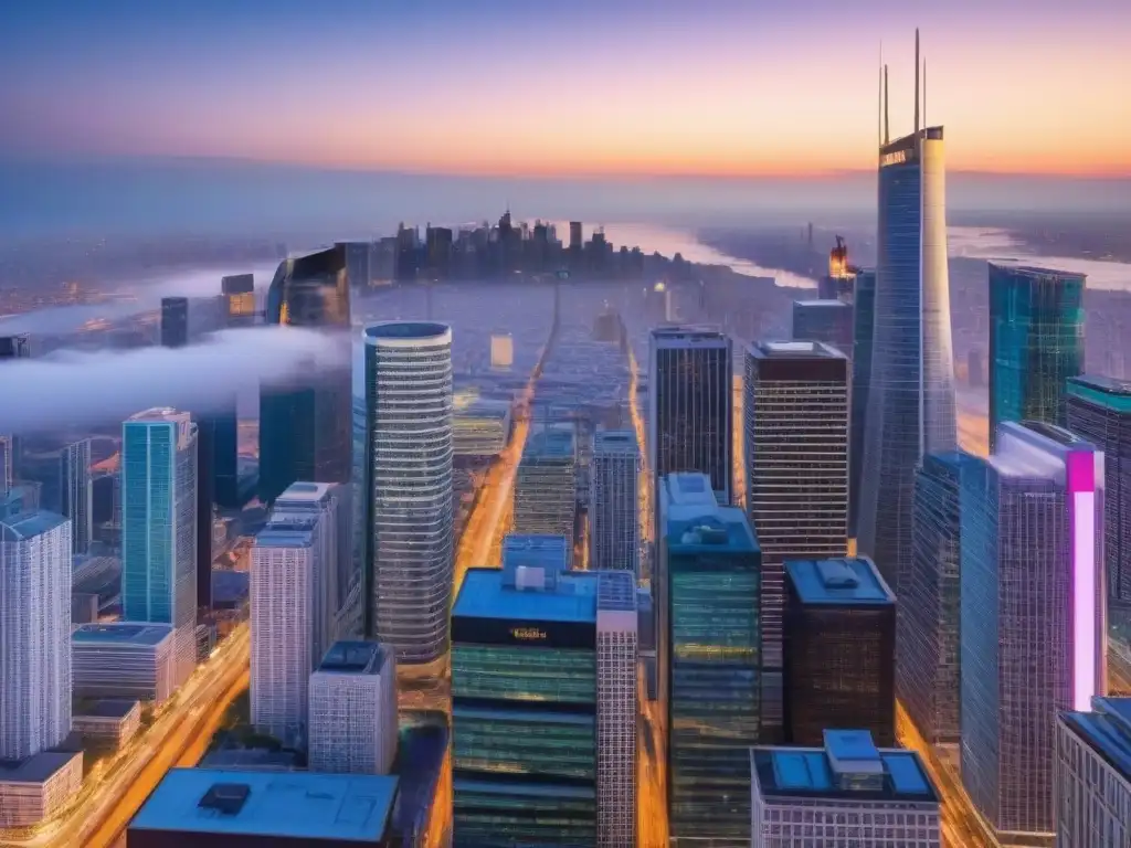 Skyline urbano: fusión de tradición y modernidad en mercados emergentes Un paisaje urbano vibrante al anochecer, con edificios tradicionales y modernos