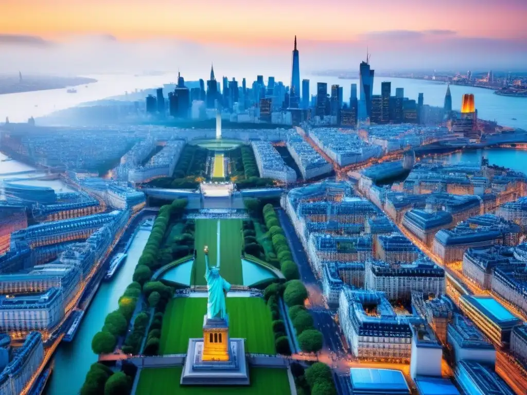 Metrópolis cosmopolita: promoción internacional de timeshare Un paisaje urbano vibrante con emblemáticos monumentos globales integrados sutilmente, simbolizando la promoción de tiempo compartido internacional