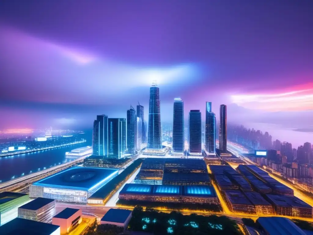 Metrópolis futurista: luces neón y arquitectura moderna Un paisaje urbano vibrante y futurista con rascacielos elegantes iluminados por luces de neón, representa la vida y movimiento de una metrópolis bulliciosa
