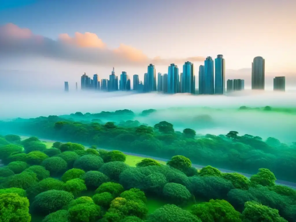 Metrópolis futurista: armonía entre desarrollo urbano y espacios verdes Un paisaje urbano vibrante y futurista con parques verdes integrados, destacando la importancia de áreas verdes en el desarrollo urbano